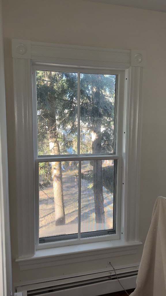 White multipane window with painted trim looking out to trees
