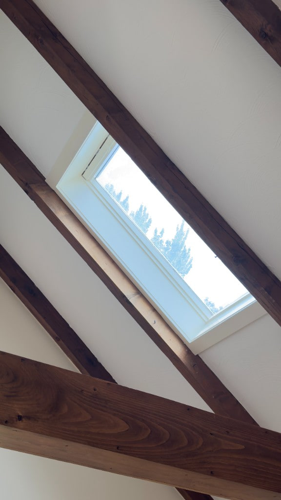Skylight set between dark wood ceiling beams