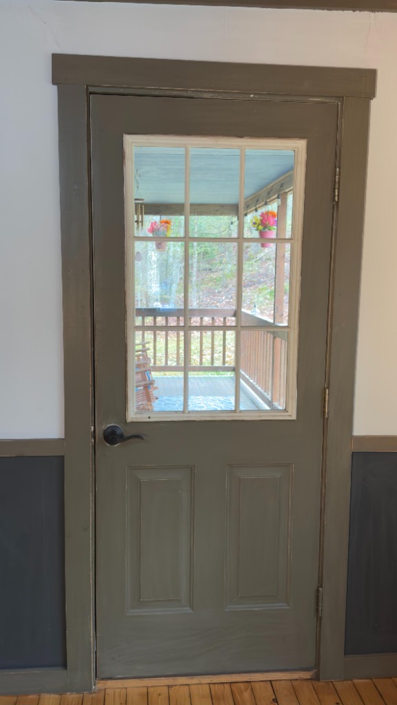 Olive green interior porch door before painting
