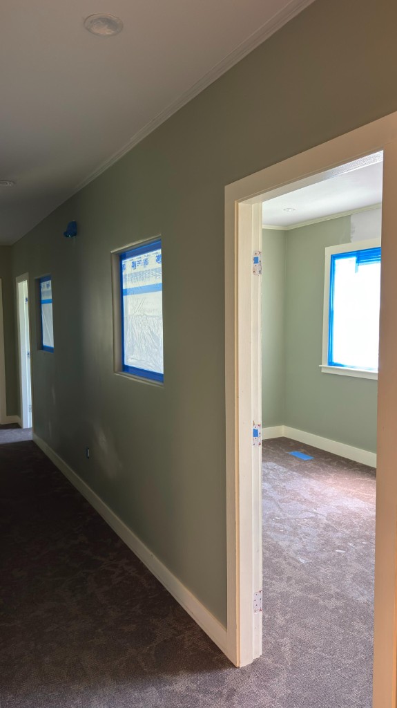 Sage green hallway with patched walls before painting